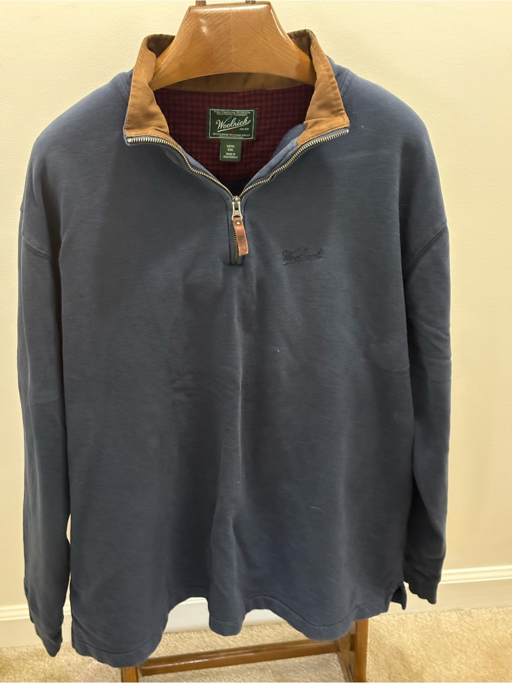 Woolrich Navy Men's Half-Zip Pullover with Tan Collar